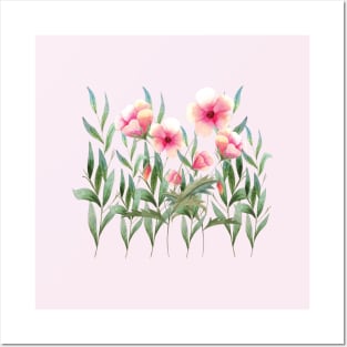 Watercolor red flowers and leaves illustration Posters and Art